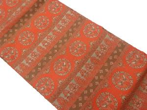 横縞に連珠向かい鳥丸文・草花模様織出し名古屋帯